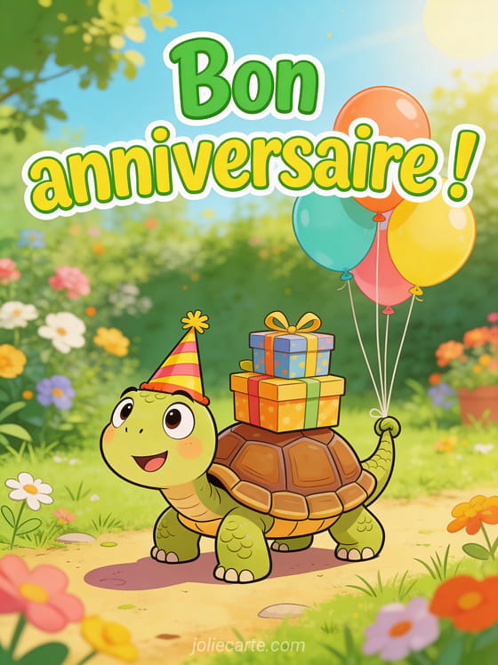 Tortue avec chapeau de fête portant une pile de cadeaux sur sa carapace et ballons attachés à sa queue dans un jardin