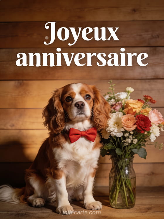 Chien cavalier king charles avec noeud papillon rouge à côté d'un bouquet de fleurs, regard tendre sur fond boisé