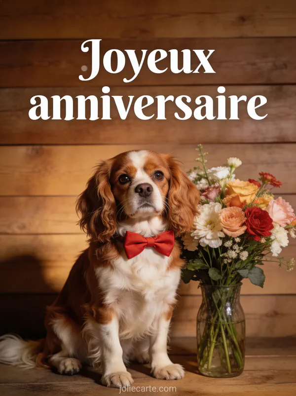Chien cavalier king charles avec noeud papillon rouge à côté d'un bouquet de fleurs, regard tendre sur fond boisé