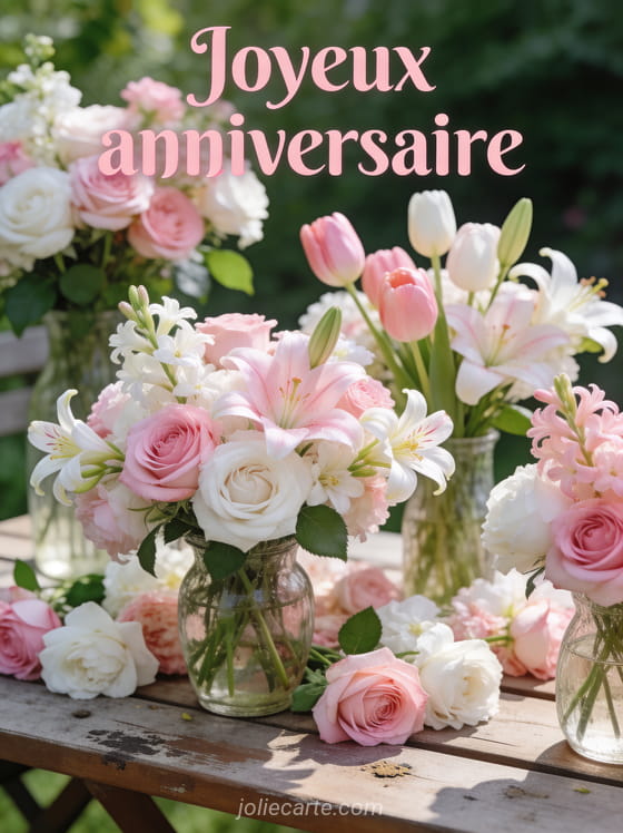 Table de jardin avec vases remplis de roses, tulipes, lys et freesias roses et blancs en lumière d'après-midi