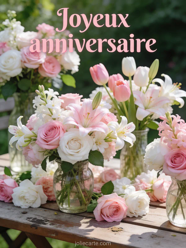 Table de jardin avec vases remplis de roses, tulipes, lys et freesias roses et blancs en lumière d'après-midi