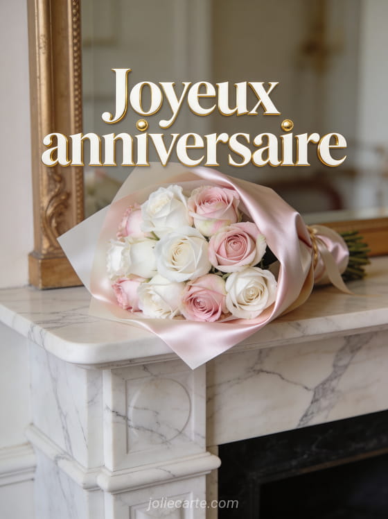 Bouquet élégant de roses blanches et rose pâle dans un emballage en papier de soie sur console en marbre