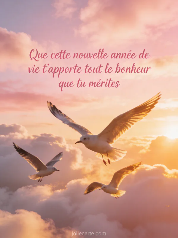 Ciel rose et doré au crépuscule avec nuages cotonneux et oiseaux en vol, texte manuscrit roses
