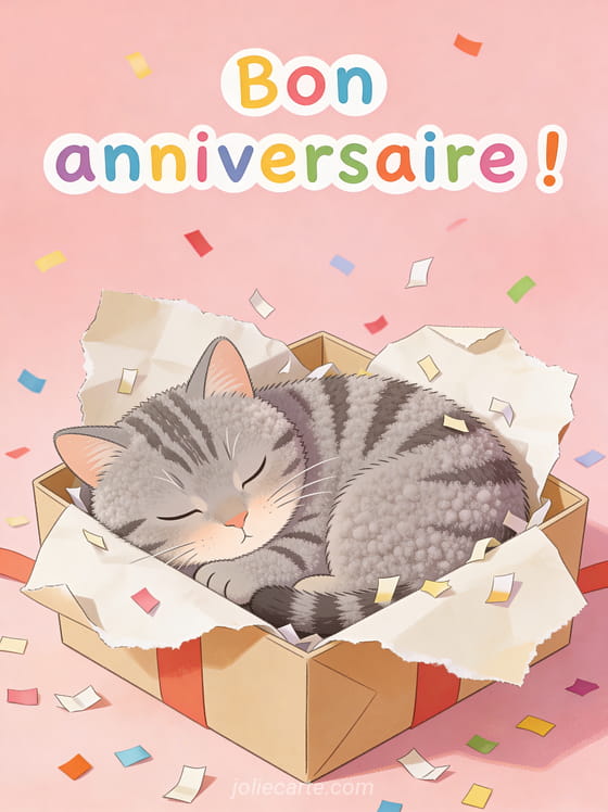 Chat gris tigré endormi dans une boîte cadeau trop petite avec papier cadeau déchiré et confettis roses