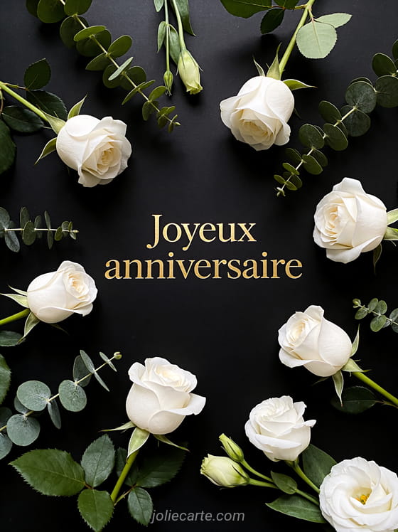 Roses blanches minimalistes et feuillage vert sur fond noir mat avec touches dorées et texte Joyeux anniversaire en lettres dorées fines
