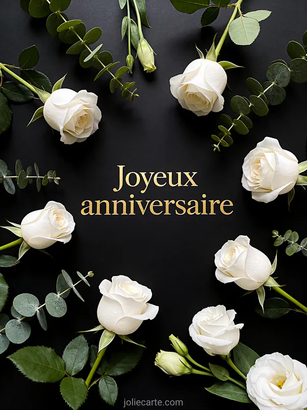 Roses blanches minimalistes et feuillage vert sur fond noir mat avec touches dorées et texte Joyeux anniversaire en lettres dorées fines