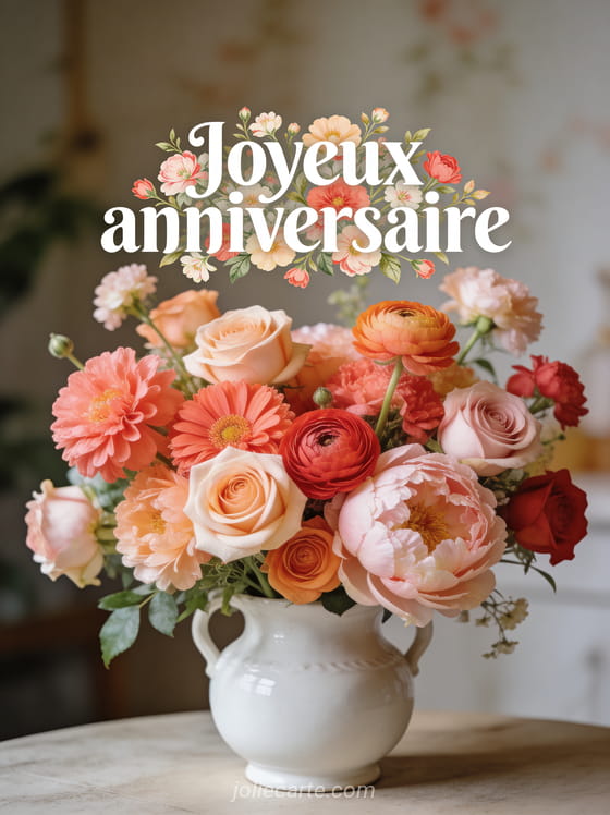 Spectaculaire bouquet de roses, pivoines et renoncules roses et corail débordant d'un vase en céramique blanche