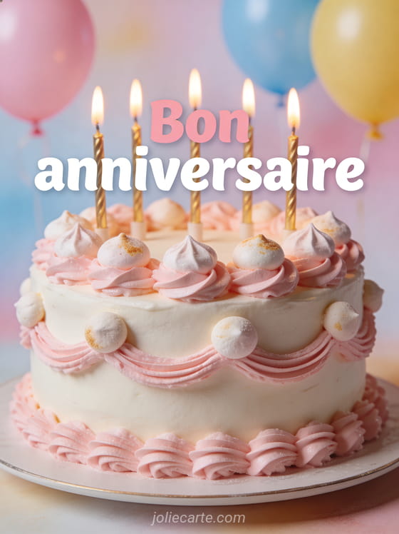 Gâteau décoré de crème au beurre rose et petites meringues avec bougies dorées allumées et ballons pastel