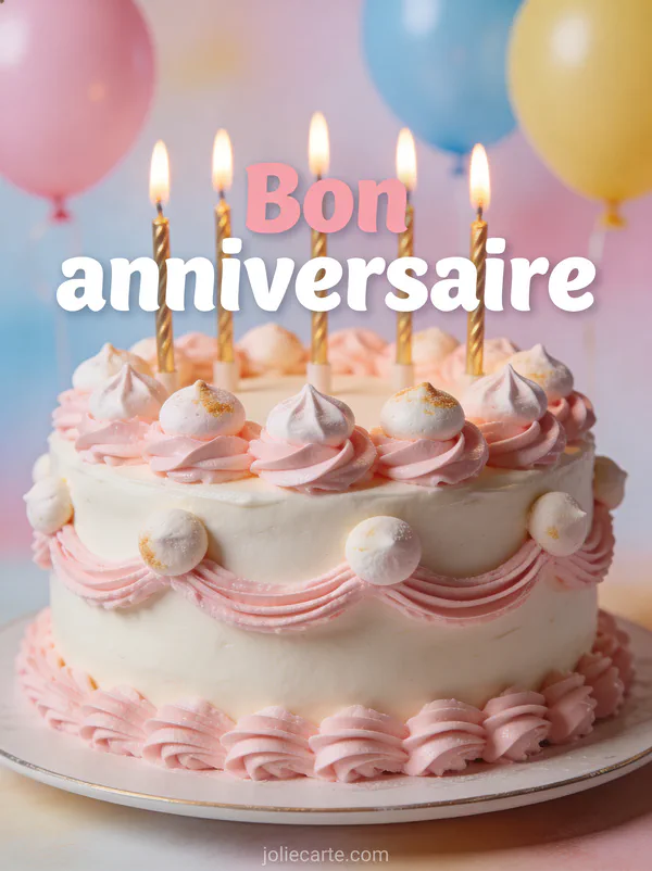 Gâteau décoré de crème au beurre rose et petites meringues avec bougies dorées allumées et ballons pastel