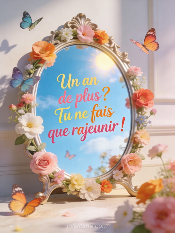 Miroir orné de fleurs avec reflet de ciel bleu et papillons, texte cursif coloré Un an de plus tu ne fais que rajeunir
