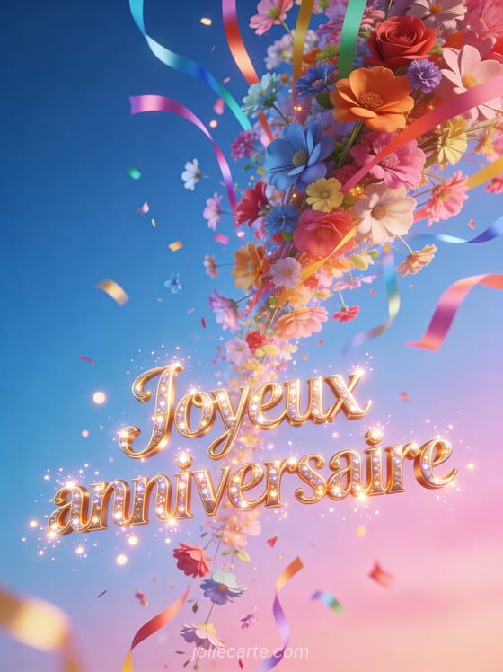 Cascade de fleurs et rubans colorés tombant du ciel avec texte Joyeux anniversaire en lettres dorées scintillantes