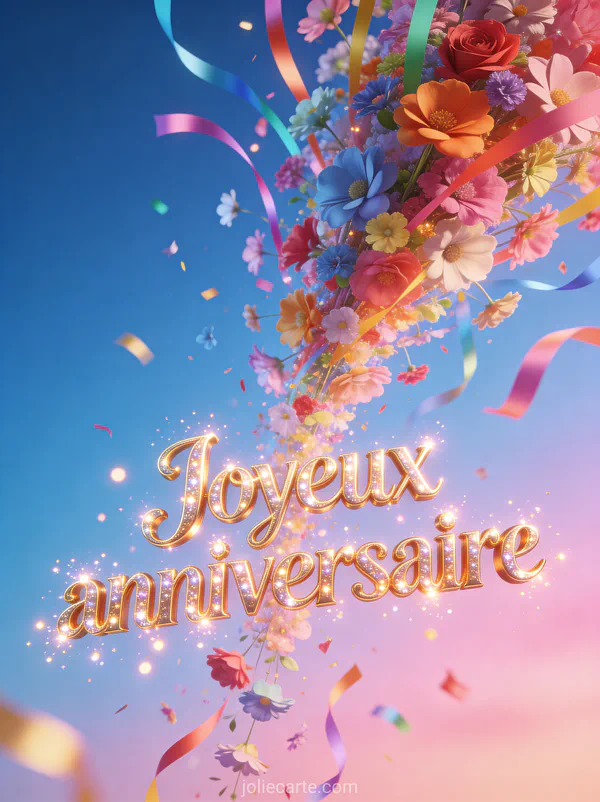 Cascade de fleurs et rubans colorés tombant du ciel avec texte Joyeux anniversaire en lettres dorées scintillantes
