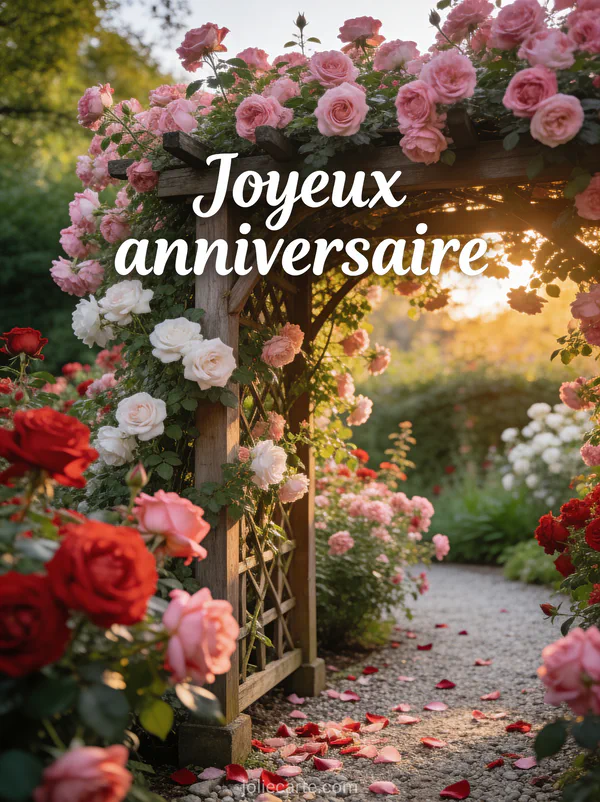 Tonnelle couverte de roses grimpantes roses et blanches avec allée de gravier et pétales, jardin anglais enchanteur