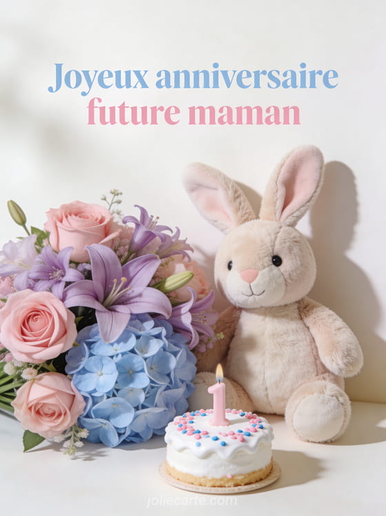 Doudou lapin posé à côté d'un bouquet de fleurs pastel et d'un petit gâteau sur fond blanc crème doux