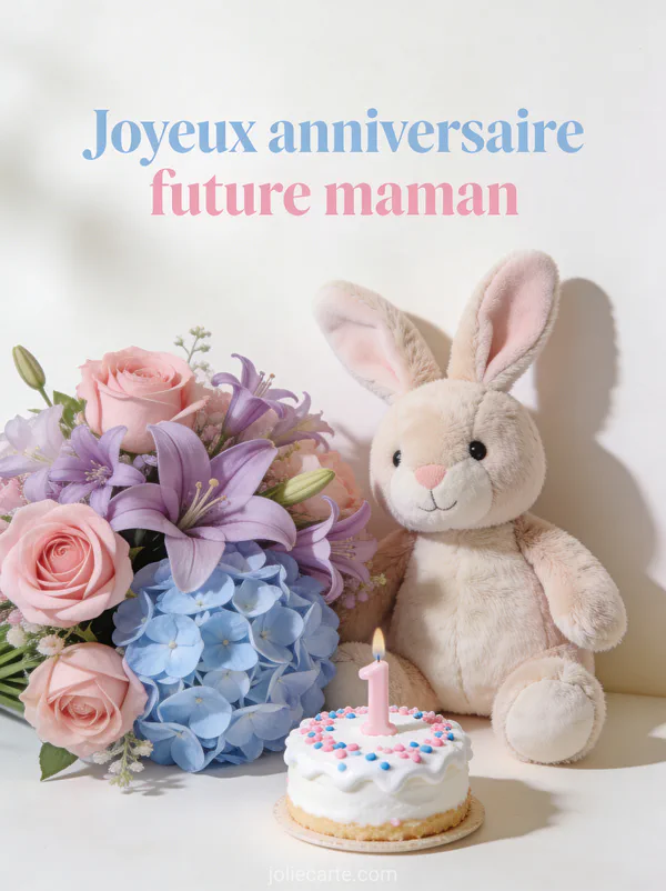 Doudou lapin posé à côté d'un bouquet de fleurs pastel et d'un petit gâteau sur fond blanc crème doux