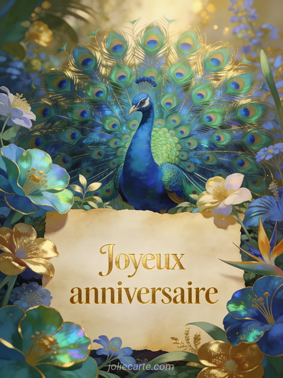 Paon majestueux déployant ses plumes iridescentes bleu et vert entouré de fleurs exotiques dans un jardin luxuriant