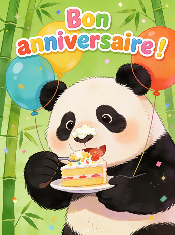Panda mangeant du gâteau d'anniversaire avec crème sur le nez et ballons accrochés aux oreilles sur fond vert bambou festif