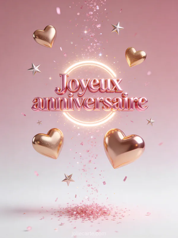 Lettres roses brillantes Joyeux anniversaire avec coeurs dorés et étoiles flottant dans une pluie de paillettes roses