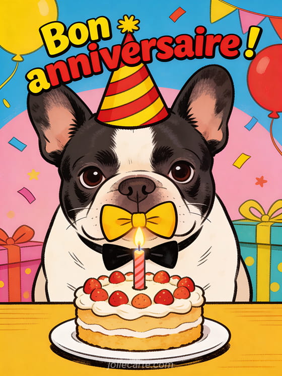 Bouledogue français avec chapeau de fête ridicule et gros noeud papillon qui louche sur la bougie du gâteau