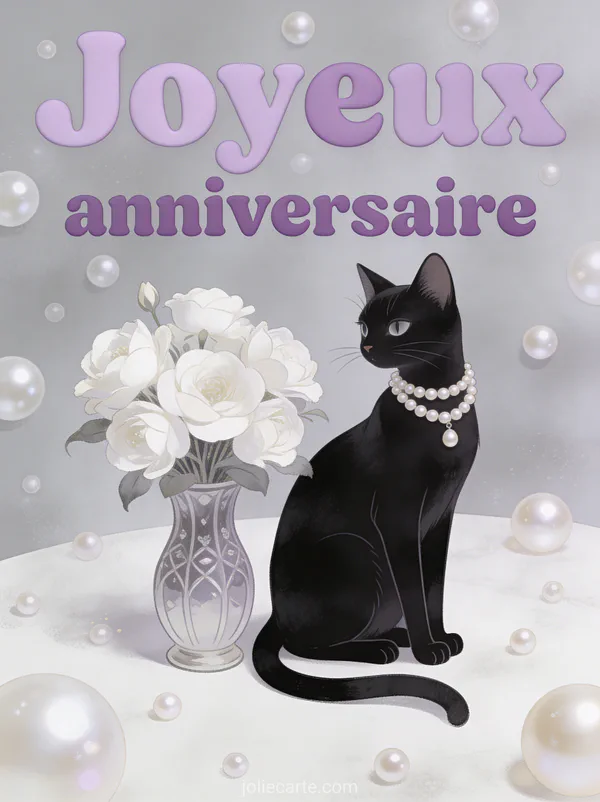 Chat noir élégant avec collier de perles assis à côté d'un vase de fleurs blanches sur fond gris perle