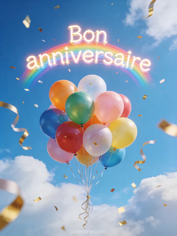 Ballons multicolores s'envolant dans un ciel bleu avec nuages blancs, rubans et confettis dorés