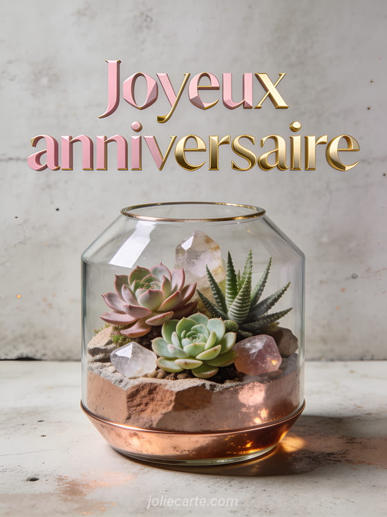 Terrarium en verre avec succulentes et pierres précieuses sur fond béton clair avec touches de cuivre