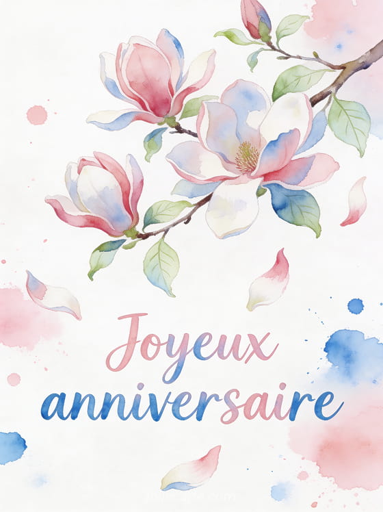 Fleurs de magnolia sur branche peintes à l'aquarelle avec pétales qui tombent et éclaboussures de couleur rose et bleu