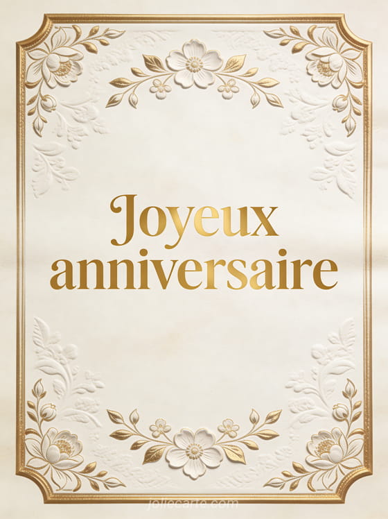 Cadre ornemental doré avec motifs floraux entourant le texte Joyeux anniversaire sur fond ivoire texturé