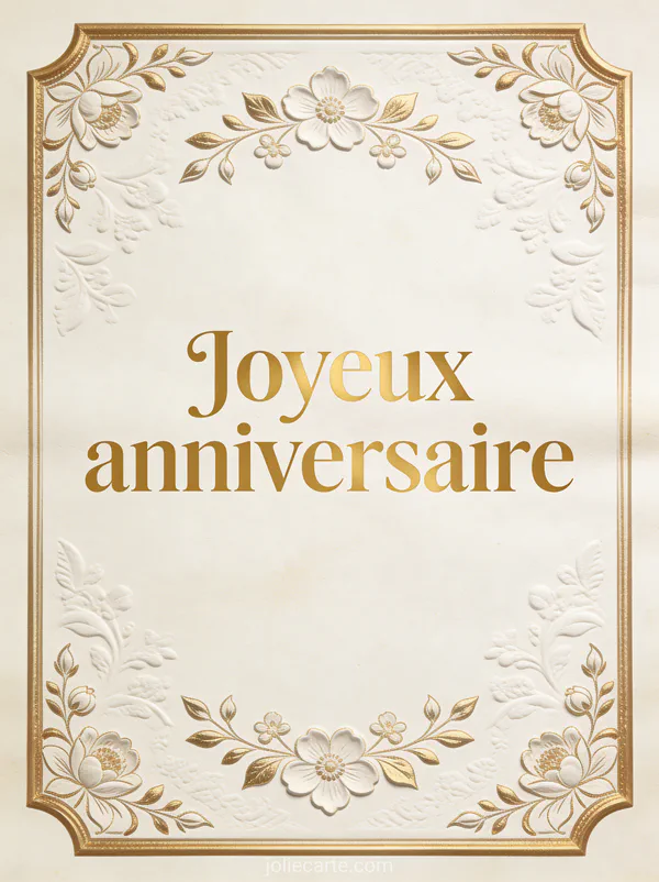 Cadre ornemental doré avec motifs floraux entourant le texte Joyeux anniversaire sur fond ivoire texturé
