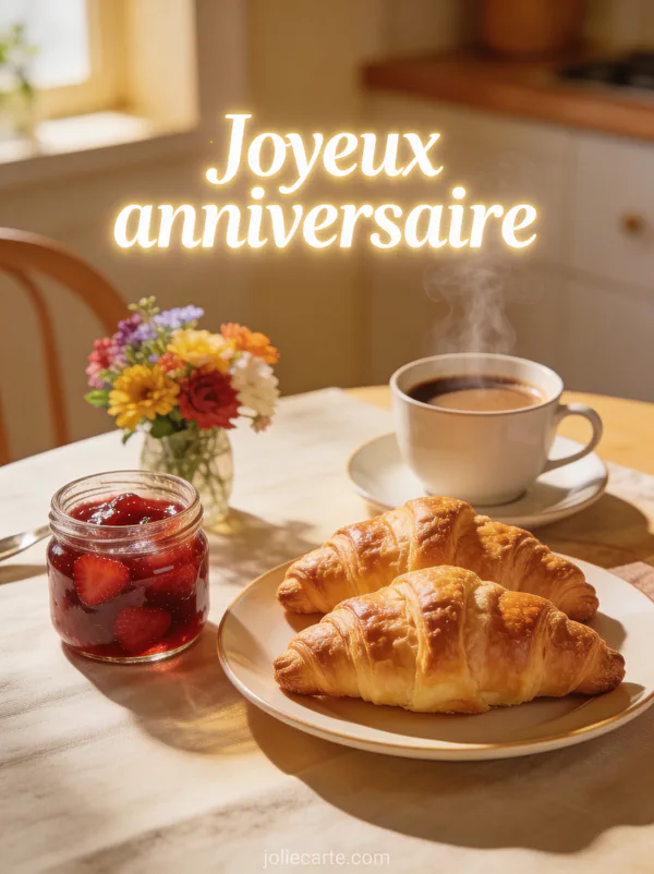 Petit déjeuner d'anniversaire avec croissants dorés, confiture, café fumant et bouquet de fleurs en lumière du matin