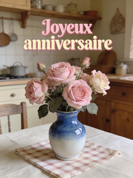 Roses anciennes dans vase en faïence bleu et blanc sur nappe à carreaux, style rétro années 50 avec lettres roses