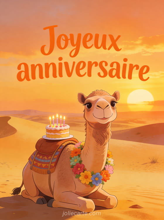 Dromadaire sympathique avec guirlande de fleurs autour du cou et petit gâteau sur sa bosse, désert doré au coucher du soleil