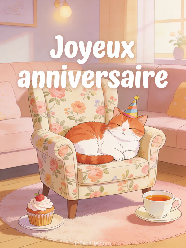 Chat roux et blanc pelotonné dans un fauteuil fleuri avec chapeau de fête, tasse de thé et cupcake à côté