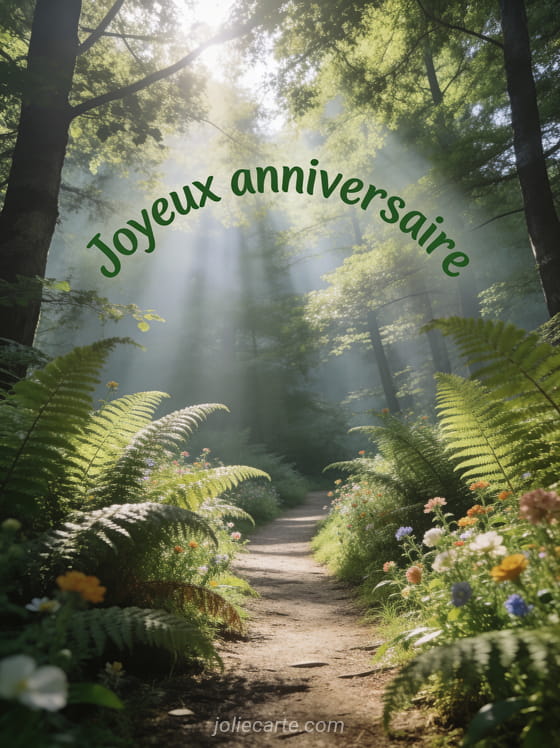 Sentier forestier bordé de fougères et fleurs sauvages avec rayons de soleil filtrant à travers la canopée