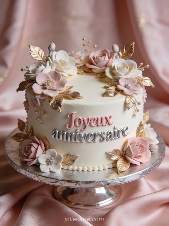 Gâteau sophistiqué décoré de fleurs en pâte à sucre et feuilles dorées sur plateau en argent et soie rose