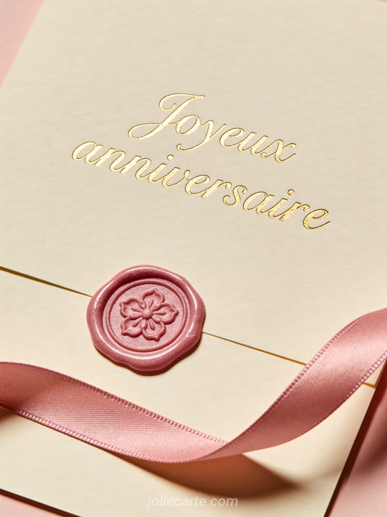 Papier texturé crème avec sceau de cire rose gravé d'une fleur et ruban de satin rose, calligraphie dorée