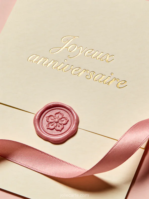 Papier texturé crème avec sceau de cire rose gravé d'une fleur et ruban de satin rose, calligraphie dorée