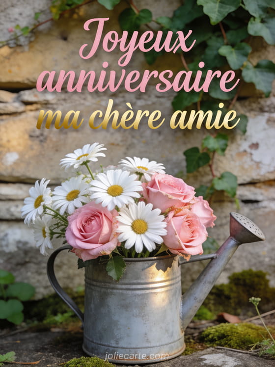 Arrosoir vintage en zinc avec marguerites et roses devant un mur de pierre avec lierre, texte manuscrit rose et doré