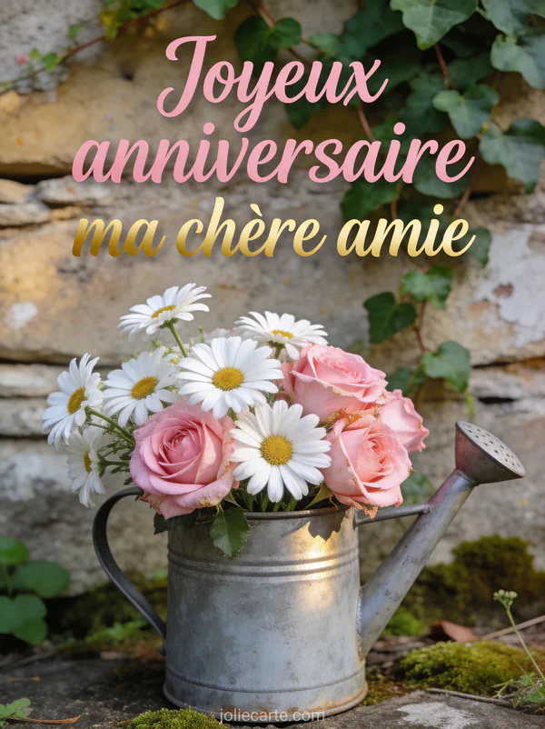 Arrosoir vintage en zinc avec marguerites et roses devant un mur de pierre avec lierre, texte manuscrit rose et doré