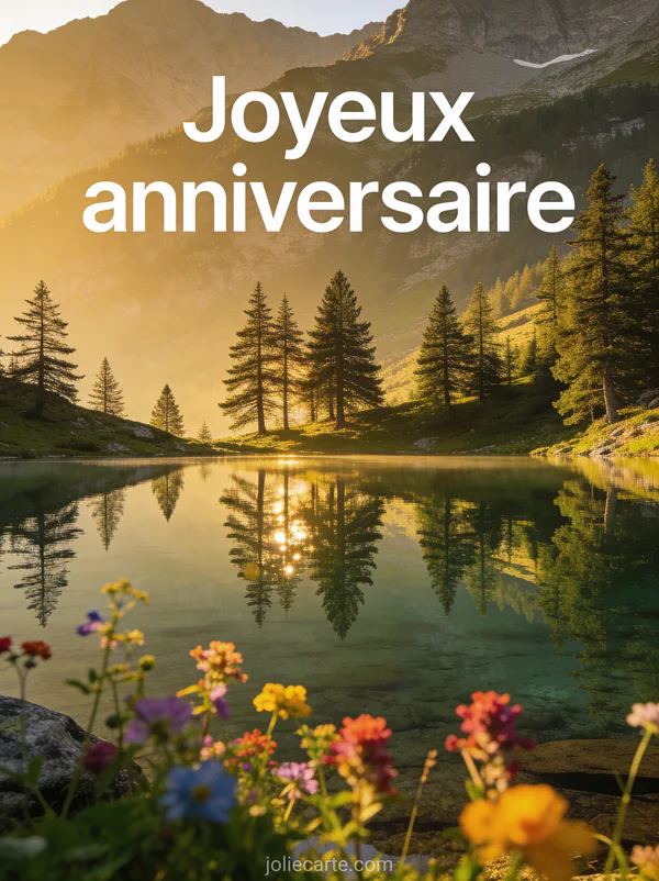 Lac de montagne entouré de sapins avec reflets dans l'eau et fleurs alpines au premier plan en lumière dorée