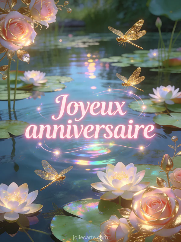 Libellules dorées volant autour de nénuphars en fleur sur étang serein avec reflets de lumière et lettres roses lumineuses