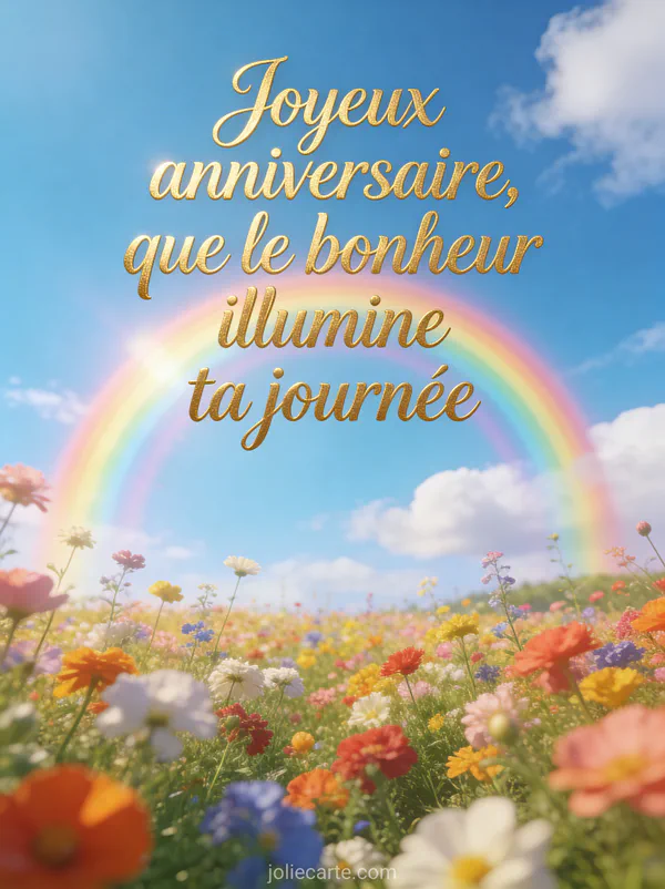 Arc-en-ciel lumineux au-dessus d'un champ de fleurs multicolores sous ciel bleu avec texte manuscrit doré