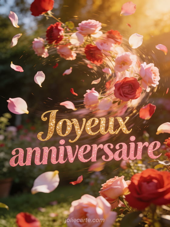 Tourbillon de pétales de fleurs roses et rouges dansant dans les airs en lumière dorée chaude avec effet de mouvement