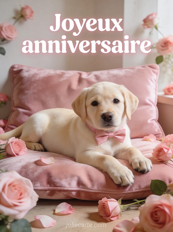 Petit chiot labrador crème allongé sur coussin rose avec noeud au cou et fleurs roses tout autour, regard tendre