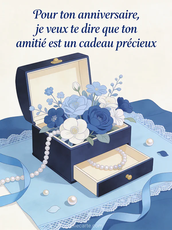 Coffret à bijoux ouvert avec fleurs qui en sortent, perles et rubans sur fond bleu pâle, texte manuscrit bleu marine