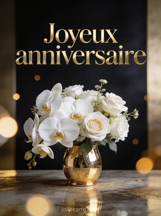 Orchidées blanches et roses dans vase doré sur fond noir avec reflets dorés et texte Joyeux anniversaire en lettres dorées