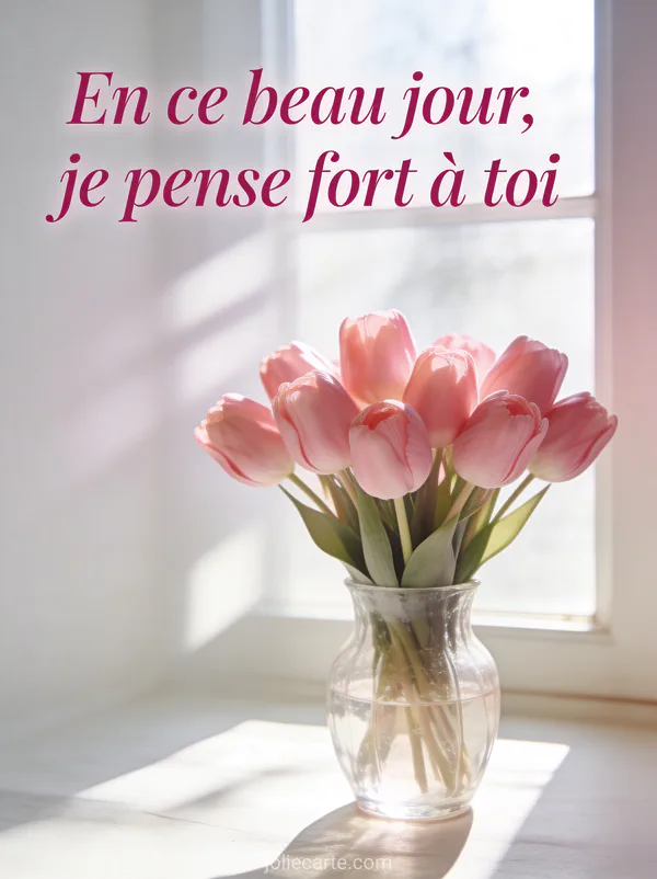 Bouquet de tulipes roses dans vase en verre transparent en lumière douce du matin à travers une fenêtre