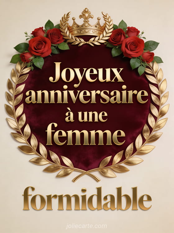 Couronne de laurier dorée entourée de roses et feuilles vertes sur fond bordeaux velouté, lettres dorées majestueuses