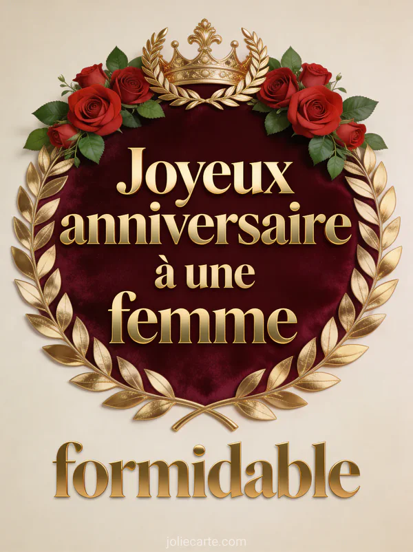 Couronne de laurier dorée entourée de roses et feuilles vertes sur fond bordeaux velouté, lettres dorées majestueuses