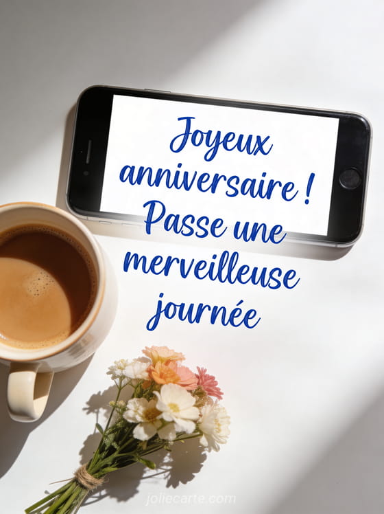 Smartphone posé à côté d'une tasse de café et d'un petit bouquet de fleurs en lumière du matin